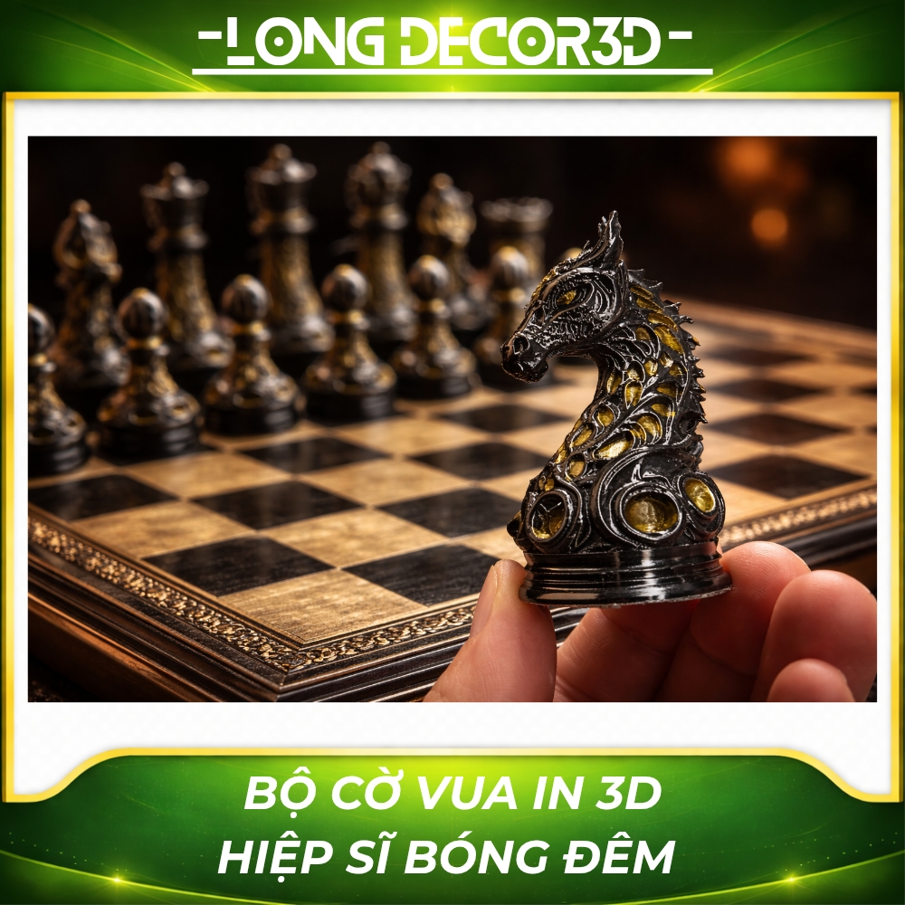 Bộ cờ vua in 3D hiệp sĩ bóng đêm cao cấp Long Decor 3D với thiết kế sang trọng và chi tiết tinh xảo